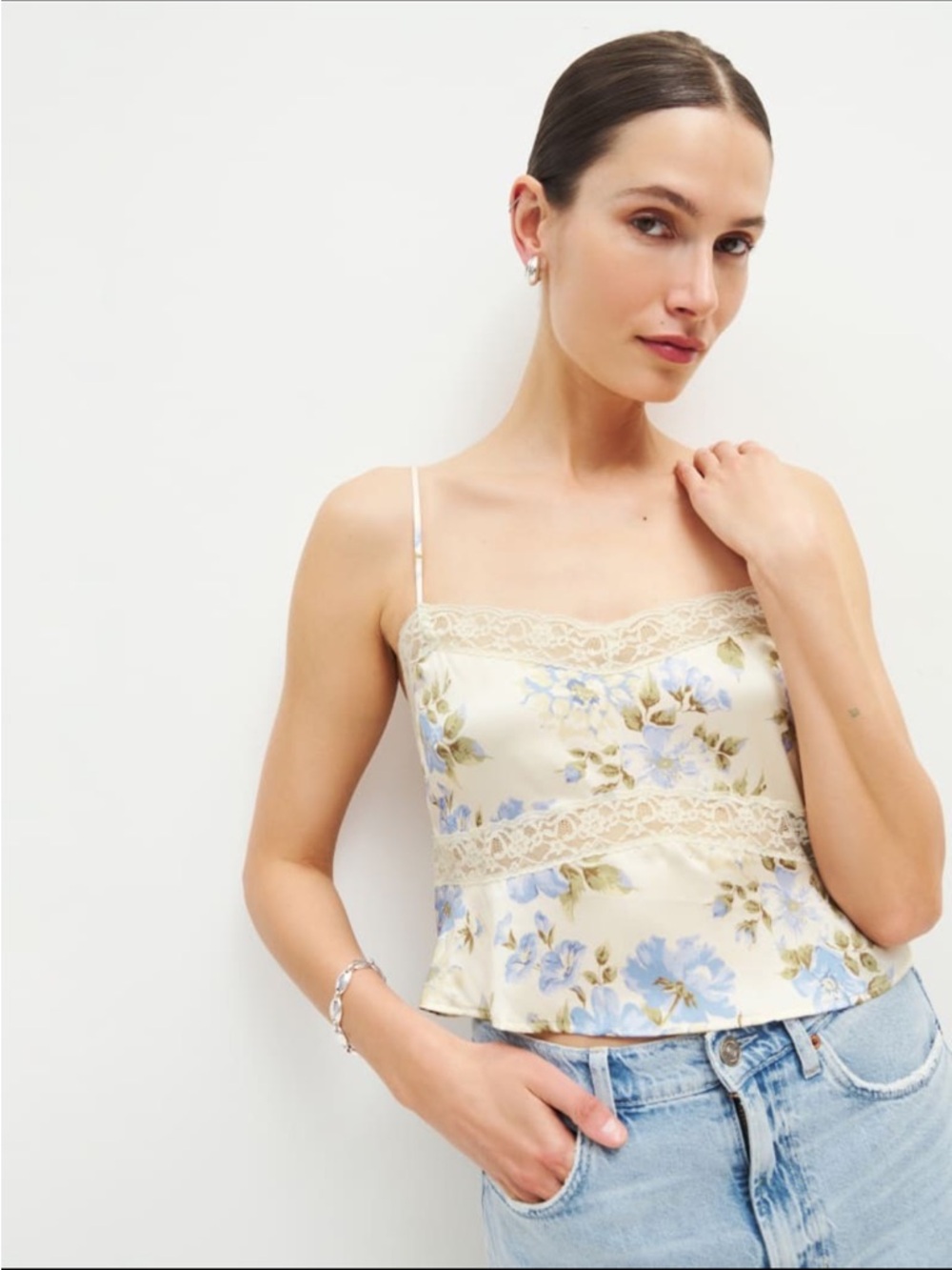 Reformation Cream Floral Lace-Trim Satin Cami with Blue Flowers